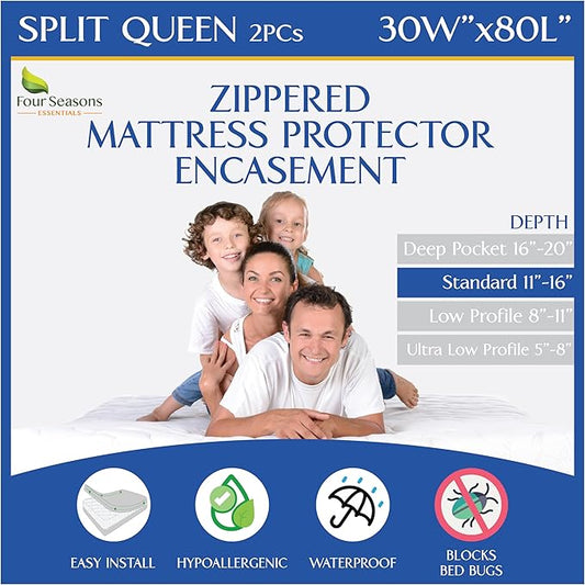 Split Queen Mattress Encasement 30" x 80" (2PCs) - Waterproof Zippered Protector Hypoallergenic Premium Quality Cover for Adjustable Beds and Split Mattresses (11"-16" Depth)