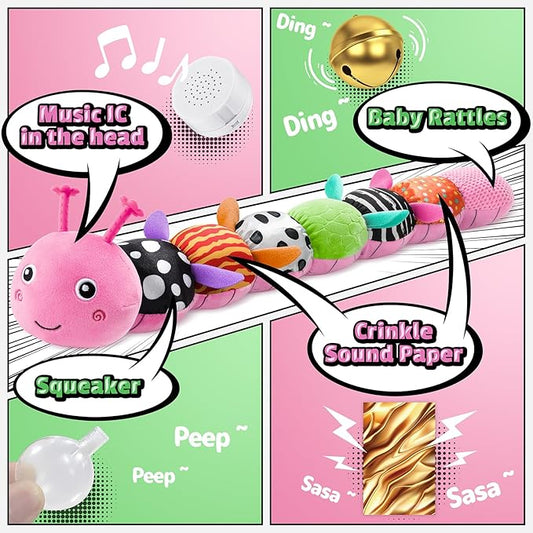 LIGHTDESIRE Baby Toys Musical Caterpillar,Infant Toys Stuffed Animals 3 6 12 Months Sensory Toy with Ruler Design,Crinkle&Ring Bell,Baby Teething Toy for Tummy Time Newborn Boy Girl Gifts (Pink)