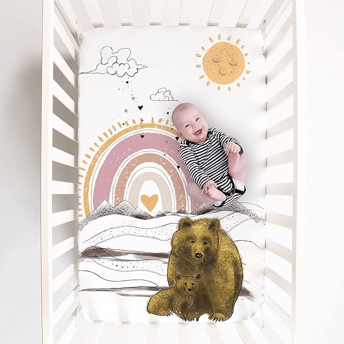 JumpOff Jo - Fitted Mini Crib Sheet for Portable Crib, Playard, and Playpen Mattresses and Mats, Super Soft 100% Cotton, 24 in. x 38 in. - Rainbow Bears