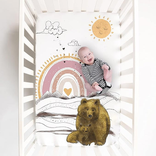 JumpOff Jo - Fitted Mini Crib Sheet for Portable Crib, Playard, and Playpen Mattresses and Mats, Super Soft 100% Cotton, 24 in. x 38 in. - Rainbow Bears