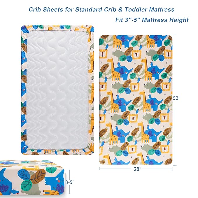 TILLYOU Baby Crib Sheets for Boys Girls, Super Soft Toddler Bed Sheets, 2 Pack Sheets for Standard Crib Mattress 28x52in, Animal Geometry
