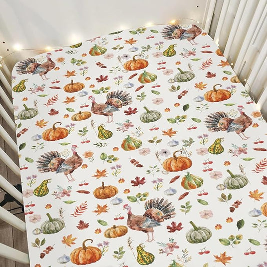 Thanksgiving Turkey Pumpkins Baby Crib Sheets for Boy Girl 52"x28" Vintage Autumn Leaves Soft Stretchy Fitted Crib Mattress Covers Fall Harvest Baby Sheet for Standard Crib and Toddler Bed Mattress