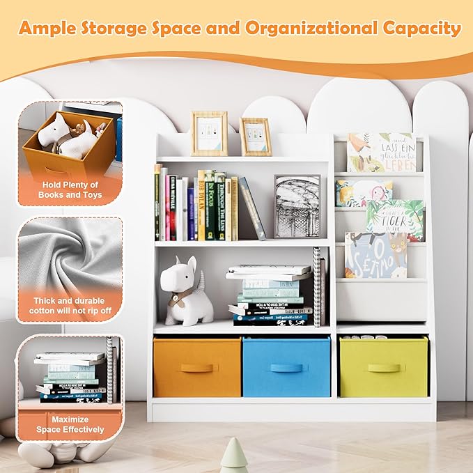 HedoAjim Kids Bookshelf Wood Montessori Toy Storage Organizer Cabinet Shelf Child Bookcase Toddler Baby Sling Book Rack 3 Cube Bin Fabric Drawers for Playroom Bedroom Nursery School