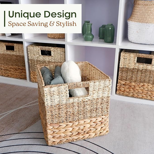 CHI AN HOME 11 Inch Cube Storage Bins, Wicker Storage Baskets for Cube Shelf, Natural Foldable Square Baskets for Storage, Large Woven Storage Bin with Handle, Baskets for Pantry, Living Room Set of 4