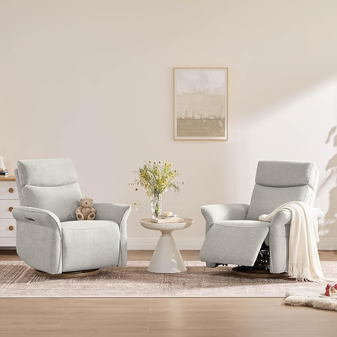 CHITA Power Recliner Chair, Electric Triple-Motor Swivel Glider Nursery Rocking Chair with Adjustable Power Headrest and Lumbar Support, Solid Wood Base, Crockery Grey