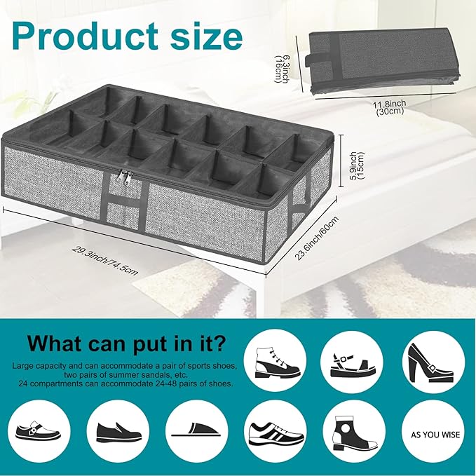 Meerainy Under Bed Shoe Storage Organizer for Closet 2 Pack- Fits 24 Pairs Underbed Shoes Rack Container Boxes with H Shap Sturdy Handles and Clear Window,Foldable Shoe Rack Holder,Grey