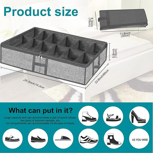 Meerainy Under Bed Shoe Storage Organizer for Closet 2 Pack- Fits 24 Pairs Underbed Shoes Rack Container Boxes with H Shap Sturdy Handles and Clear Window,Foldable Shoe Rack Holder,Grey
