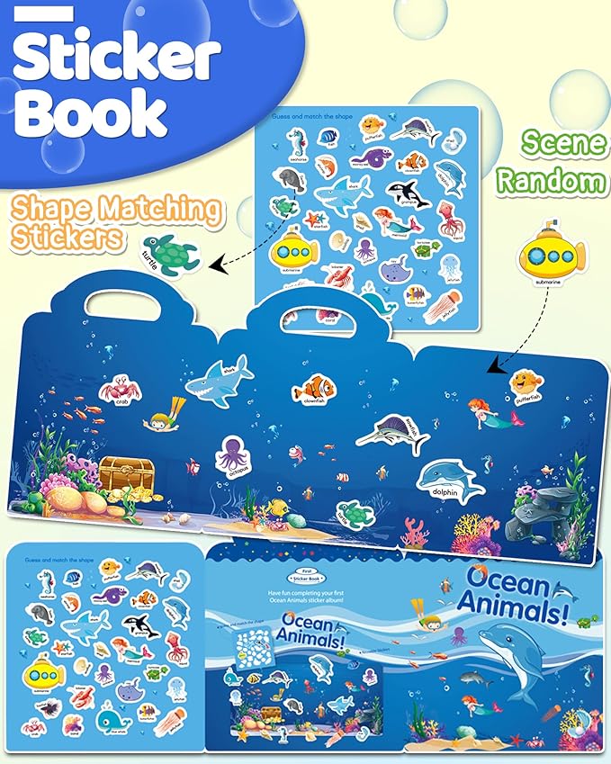 Benresive Reusable Sticker Books for Toddlers, Fun Travel Stickers for Kids, Toddler Sticker Book, Crafts Activities for Toddlers, 3 and Up Birthady Gifts - Ocean Animals