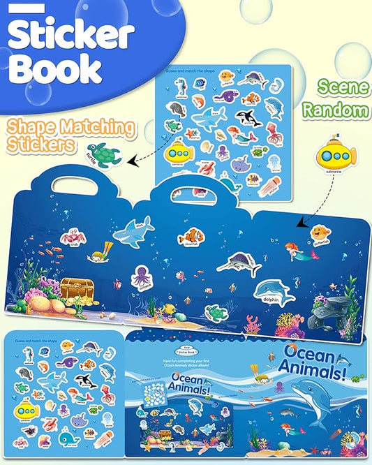 Benresive Reusable Sticker Books for Toddlers, Fun Travel Stickers for Kids, Toddler Sticker Book, Crafts Activities for Toddlers, 3 and Up Birthady Gifts - Ocean Animals