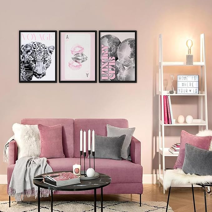 Pink Cheetah Wall Art Set of 3, Y2K Trendy Leopard Canvas Wall Decor Paintings, Preppy Black and White Cheetah Disco Posters Prints Pictures for Girly Room Bedroom Dorm 16x24 Inch Wood Framed