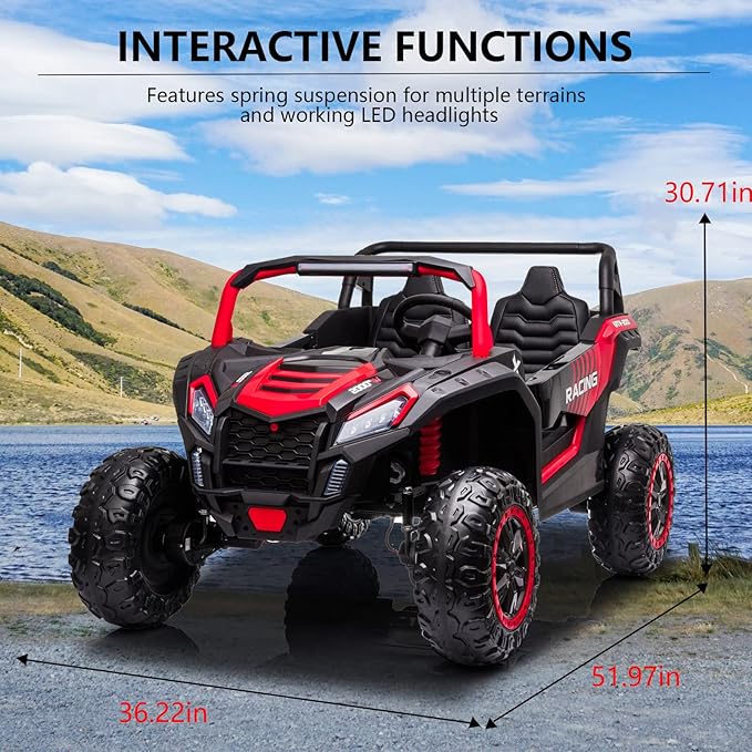 POSTACK 24V Side by Side 2 Seater Ride On Electric Vehicle Car with Parents Remote Control for Kids 4 Wheels Drive Battery Powered UTV Truck Car for Girls Boys with EVA Rubber Compound Tires, Red