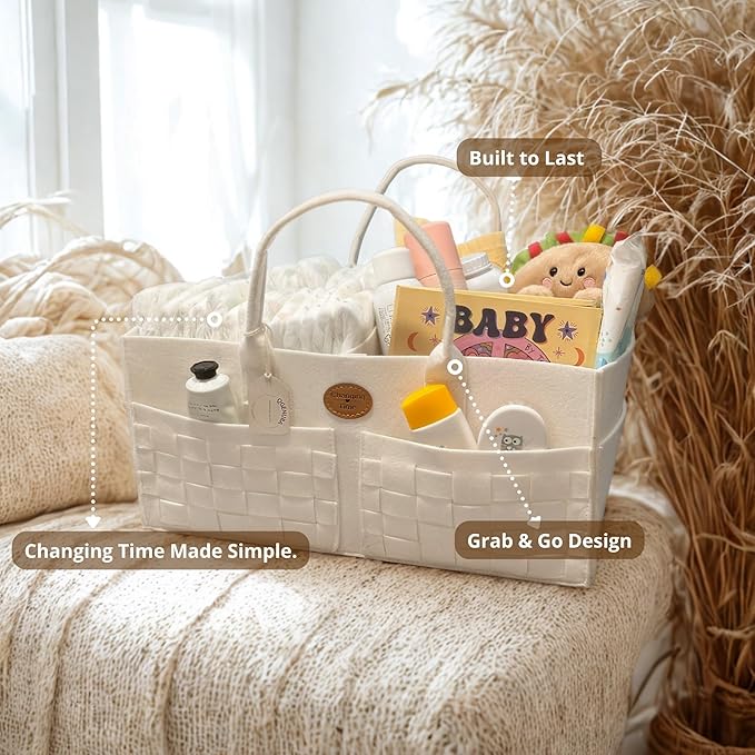 QGENUBA Baby Diaper Caddy Organizer for Nursery – Large Felt Storage Basket for Baby Essentials, Wipes & Diapers – Portable Nursery Organizer Bin for Changing Table or Living Room Winter White