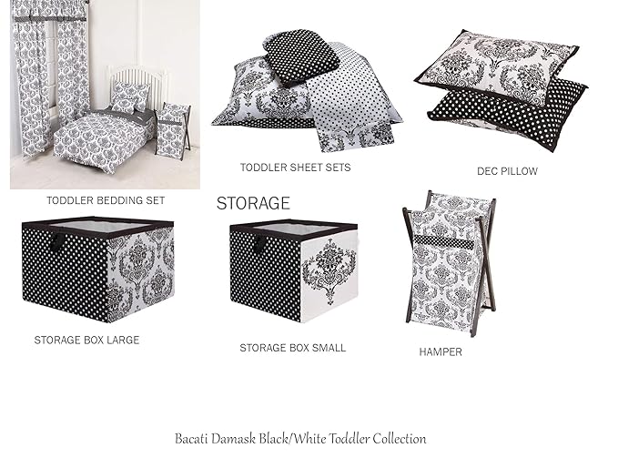 Bacati - Classic Damask Black/White 4 Pc Neutral dler Bedding Set 100 Percent Cotton Includes Reversible Comforter, Fitted Sheet, Top Sheet, and Pillow Case for Boys/Girls