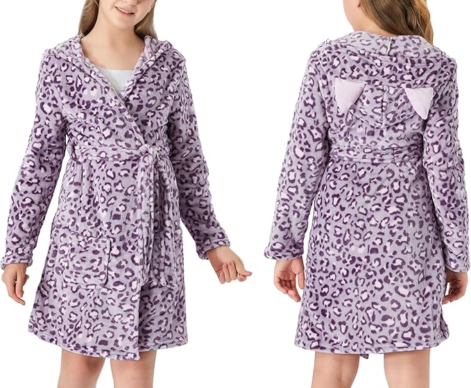 Topgal Leopard Cat Robe for Girls Fleece Toddler Kids Teen Hooded Bathrobe Size 4T-18
