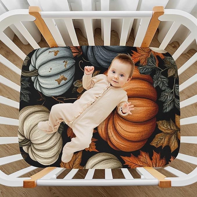 Fall Thanksgiving Pumpkin Crib Sheets Standard Crib Toddler Mattresses Cover Fitted Baby Bed Sheet Breathable Crib Mattress Sheet for Girls Boys 52" x 28"x5''
