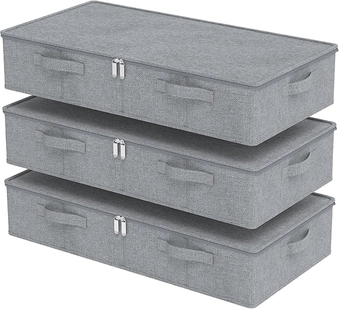 ENUMAIL Underbed Storage Box, Foldable Under Bed Bins Container, Organizer Baskets with Lid for Organizing Clothes, Sheets, Pillows, Comforter, 31.4x15.7x5.9in, Grey, 3 Pack