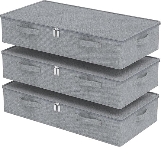 ENUMAIL Underbed Storage Box, Foldable Under Bed Bins Container, Organizer Baskets with Lid for Organizing Clothes, Sheets, Pillows, Comforter, 31.4x15.7x5.9in, Grey, 3 Pack