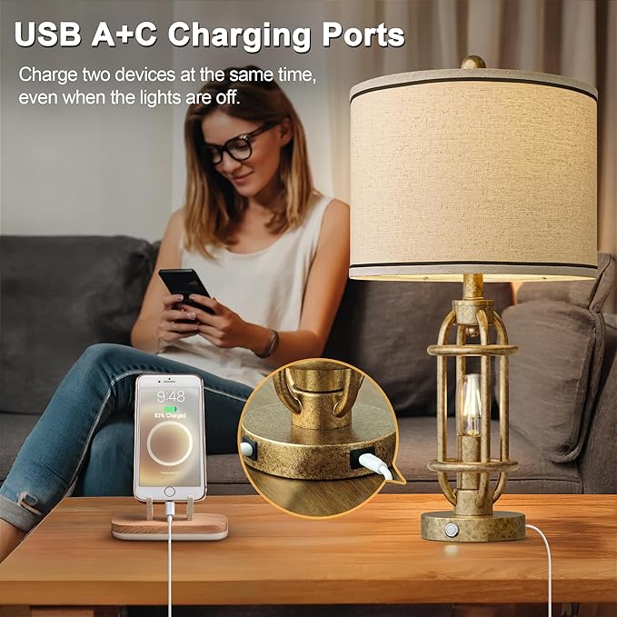 G-SAFAVA 23.75'' Table Lamps Set of 2 for Living Room Bedroom Industrial Farmhouse Metal Touch Lamps with USB A+C Ports, Night Light Vintage Nightstand Bedside Lamp, Bulbs Included, Champagne Gold