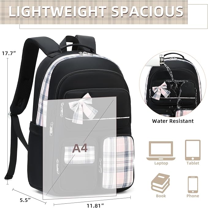 KIDNUO Backpack for Girls,School Backpacks for Teen,Cute College Bags for Women Students Large Bookbag 15.6 Inch Laptop Bag Back Pack Kids Kindergarten Elementary Casual Travel Daypacks Black