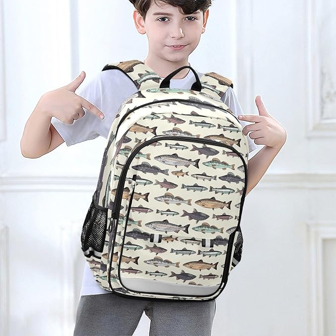 Jucciaco Vintage Fishes School Backpack Laptop Travel Daypack for Kids Girls Boys, Personalized Computer Notebooks Bookbag with Adjustable Padded Straps
