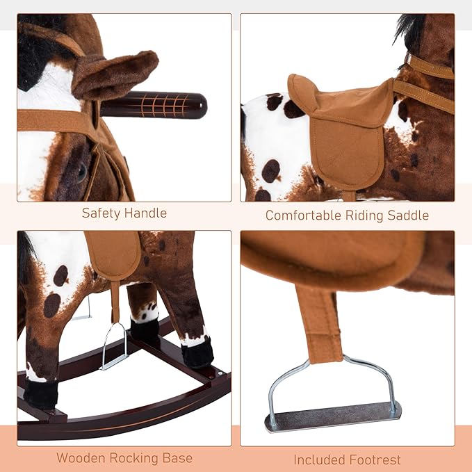 Qaba Kids Wooden Plush Ride-On Rocking Horse Chair Toy with Realistic Sounds Dark Brown/White