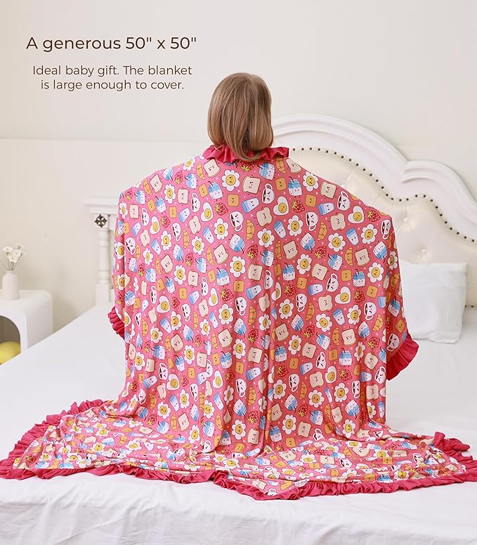 Premium Baby Blankets, Soft Viscose from Bamboo Blanket for Girls, Nursery Crib Bedding Quilt for Newborn and Toddler, Ruffle Blanket Cooling for Hot Sleepers, 50''x50'' Pink Breakfast