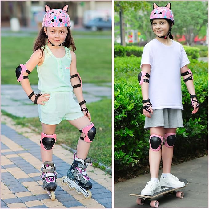 Kids Helmet, Bike Helmets for Kids 8-14 with Knee Pads and Elbow Pads Wrist Guards, Adjustable Youth Girls Bike Helmet with DIY Cat Ears Skateboard Helmet for Scooter Skating Cycling
