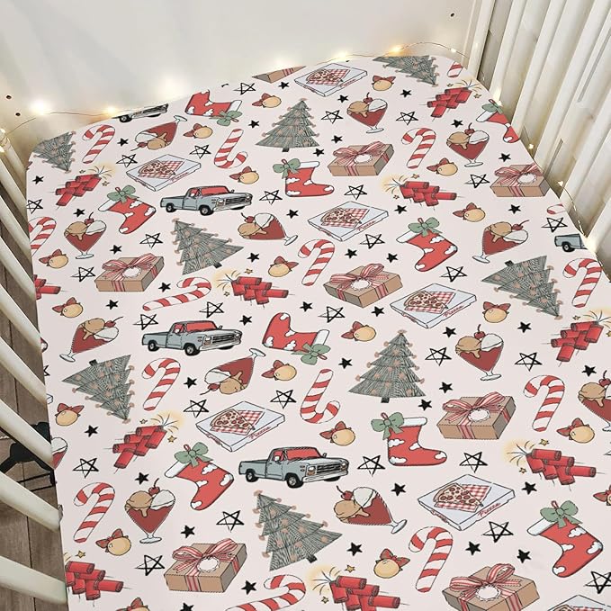 Boho Christmas Movie Baby Crib Sheets for Boy Girl 52x28 Christmas Tree Stockings Candy Pizza Truck Soft Snug Fitted Crib Mattress Cover Winter Holiday Baby Sheet for Standard Crib & Toddler Mattress