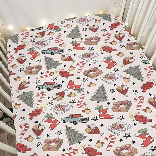 Boho Christmas Movie Baby Crib Sheets for Boy Girl 52x28 Christmas Tree Stockings Candy Pizza Truck Soft Snug Fitted Crib Mattress Cover Winter Holiday Baby Sheet for Standard Crib & Toddler Mattress