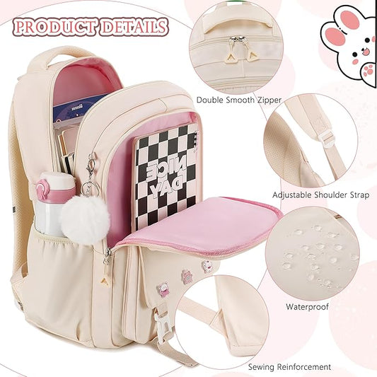 AO ALI VICTORY Backpack for Girls 3 PCS Cute School Backpacks Elementary Kids Book Bag with Lunch Box Pencil Case Set Laptop College Travel Back Pack Large Bookbags for Girl Teens Women Student White