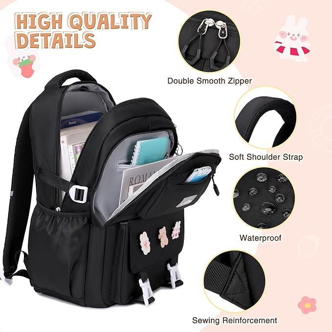 DIGOBAY 3PCS Girls Backpack for School, Kids Backpack for Girls with Lunch Box Pencil Case Set for Teen Girl Elementary Primary Middle High College School Bookbag with Cute Pins (Black)