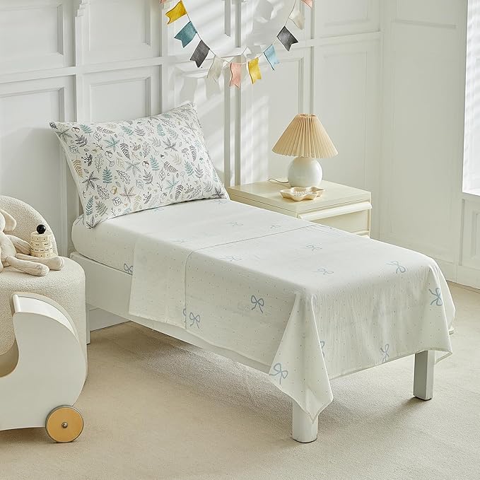 JHXHMX 4 Pieces Toddler Bedding Set for Girls,Leaves Pattern Toddler Comforter Set,Soft Crib Bed Set Including Comforter,Sheets and Pillowcase-Leaf