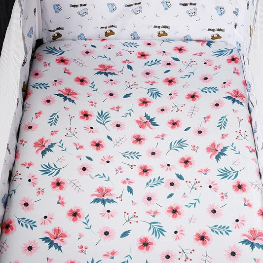 Bassinet Sheet Set 2 Pack Snug Fitted Cradle Fitted Sheets, Stretchy Ultra Soft, for Oval Rectangle Hourglass Bassinet Mattress, Unisex Boy Girl, Floral & Pink