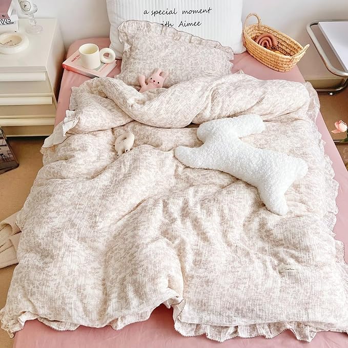 BuLuTu Muslin Cotton Kids Toddler Duvet Cover for Girls Boys Baby Crib Duvet Covers with Zipper Closure, 47"x59", Flower & Rabbit Print (No Pillow Cases)