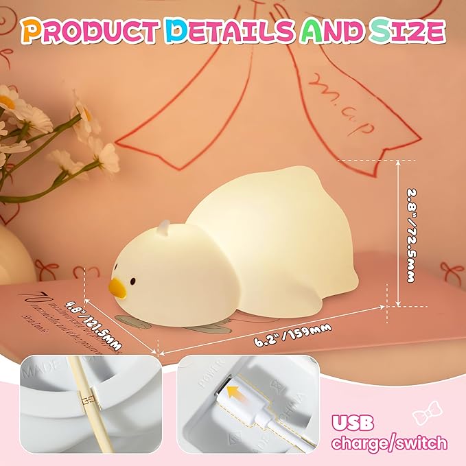 loatme Night Light for Kids, Rechargeable Dimmable Silicone LED Nightlight with 7 Colors, Baby Nursery Night Lamp, Touch Squishy Lamp, Cute Gifts for Girls, Boys, Toddler Room Decor, Lying Duck