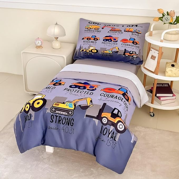 4 Piece Toddler Bedding Set for Boys,Cars Construction Toddler Bed Comforter Set Includes Comforter,Flat Sheet,Fitted Sheet and Pillowcase,Christan Trucks Tractors Bed in A Bag for Kids Bedroom
