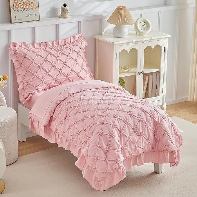 DuShow Princess Toddler Bedding Set for Girls,4 Pieces Ruffles Toddler Bed Set,Ultra Soft Kids Pink Sheet Set Includes Comforter,Flat Sheet,Fitted Sheet and Pillowcase