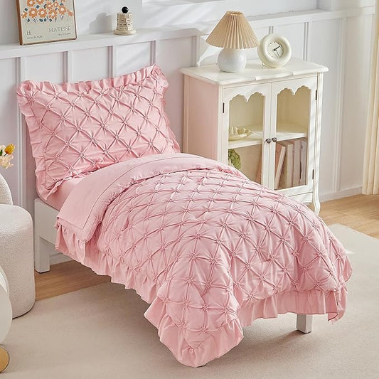 DuShow Princess Toddler Bedding Set for Girls,4 Pieces Ruffles Toddler Bed Set,Ultra Soft Kids Pink Sheet Set Includes Comforter,Flat Sheet,Fitted Sheet and Pillowcase