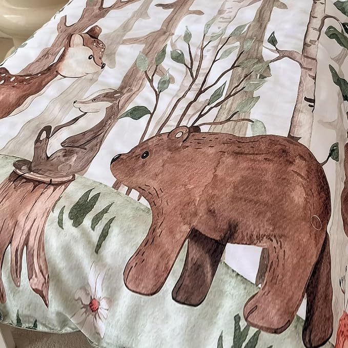 4 Pieces Woodland Animal Toddler Bedding Set, Forest Deer Bear Fox Bed Comforter Set for Boys Girls, Cute Toddler Bed Set Includes Comforter, Flat Sheet, Fitted Sheet and Pillowcase