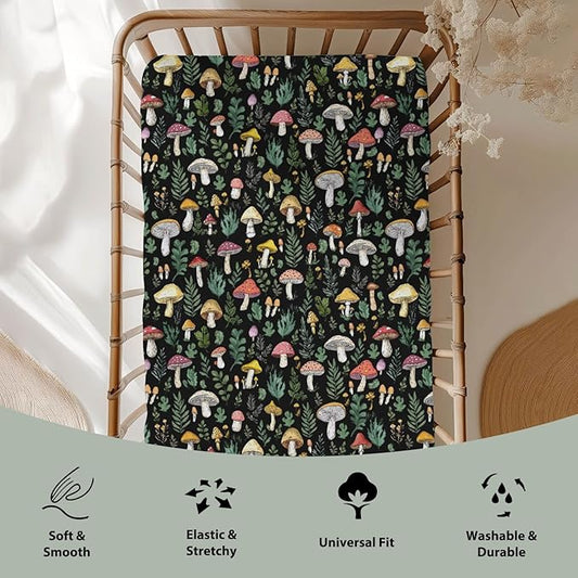 Colorful Mushrooms Green Leaves Baby Crib Sheets for Boy Girl 28"x52" Fall Mushroom Soft Stretchy Fitted Crib Mattress Cover Autumn Baby Sheet for Standard Crib & Toddler Mattress Pad