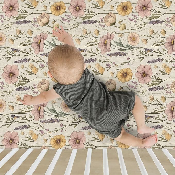 Vintage Floral Baby Crib Sheets for Boy Girl 52"x28" Retro Boho Flowers Soft Stretchy Fitted Crib Mattress Covers Wild Plant Spring Summer Baby Sheet for Standard Crib & Toddler Mattress Pad