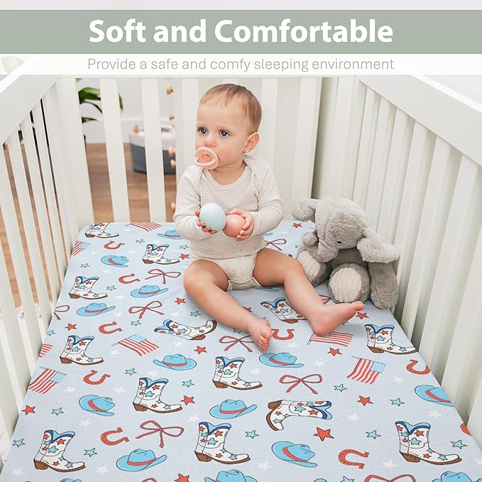 July 4th Western Cowboys Baby Crib Sheets for Boy 52"x28" Cowboy Boots Hat American Flag Stars Bows Soft Snug Fitted Crib Mattress Cover Patriotic Baby Sheet for Standard Crib & Toddler Bed Mattress