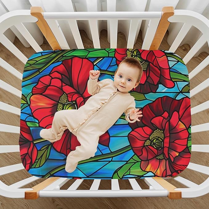 Glass Art Poppy Blue Crib Sheets Standard Crib Toddler Mattresses Cover Fitted Baby Bed Sheet Breathable Crib Mattress Sheet for Girls Boys 39''x27''x9''