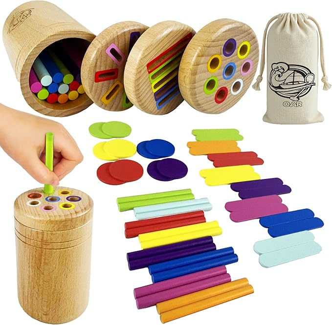 OAR Montessori Toys for Toddlers 1-3 – 3 in 1 Wooden Fine Motor Skills Toy Set | Color Sorting, Coin Drop, Sensory Learning | Educational Beech Wood Toys for Boys and Girls