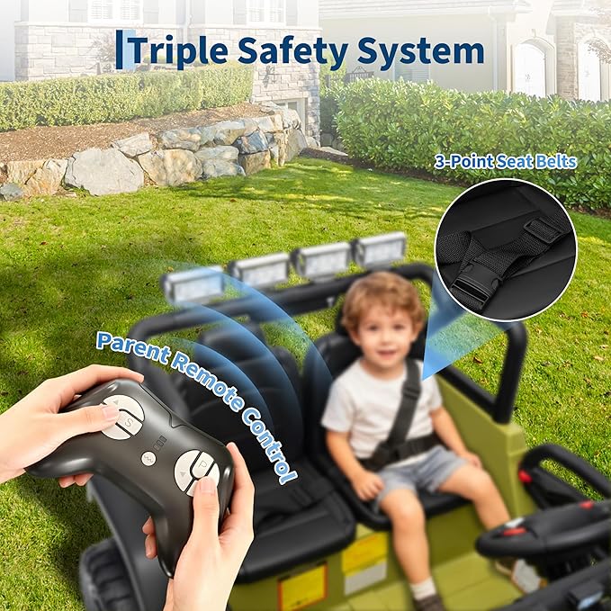 24V 2-Seater Kids Electric Truck with Parent Remote Control, 100Min Ride-on Car, 4WD Dual Motor, 2 Speeds, Spring Shock Absorber, LED Headlights, Siblings Gift Kids Electric Vehicle, Green