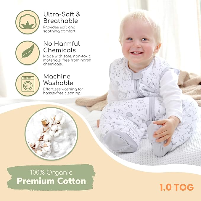 Mama Cheetah Toddler Sleep Sack with Feet, 1.0 TOG Organic Cotton Baby Wearable Blankets with Legs, Baby Sleeping Bag for Walkers, Early Walker 6-18 Month