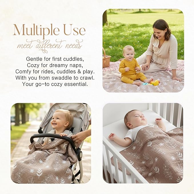 Ultra-Soft Muslin Baby Blanket - Swaddle & Crib, 43x43 (Leaf Floral)