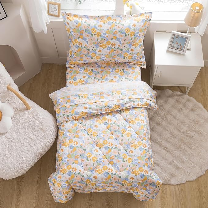 Caressma Toddler Bedding Set 4 Pieces,Smooth Microfiber Fabric Print Yellow Floral for Baby & Kids,Includes Flower Comforter, Fitted Sheet, Flat Sheet& Pillow Case for All Seasons