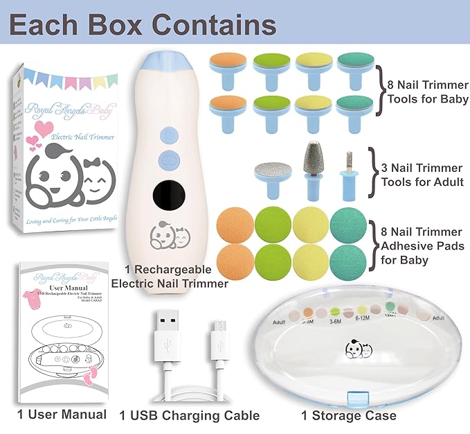 Rechargeable 22 in 1 Baby Nail Trimmer, Usage Labeled Case, 13 Extra Replacement Tools, Royal Angels Electric Nail File with LCD display, Newborn Toddler Nail Care Clipper Kit (Rechargeable,WhiteBlue)