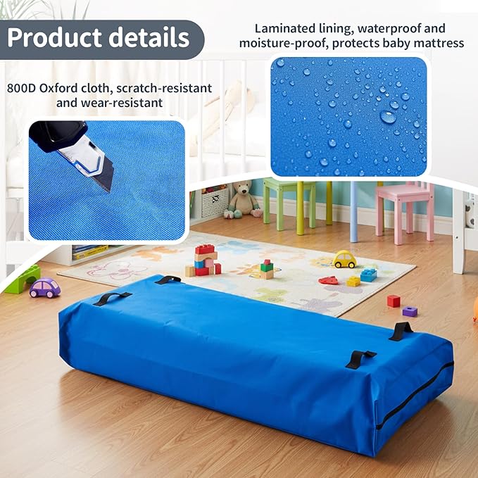 2 Pcs Oxford Cloth Waterproof Crib Mattress Storage Bag with Zipper and 8 Reinforced Handles Heavy Duty Reusable Crib Mattress Cover for Storage, 52.5 x 28 x 6.5 Inches (Blue)